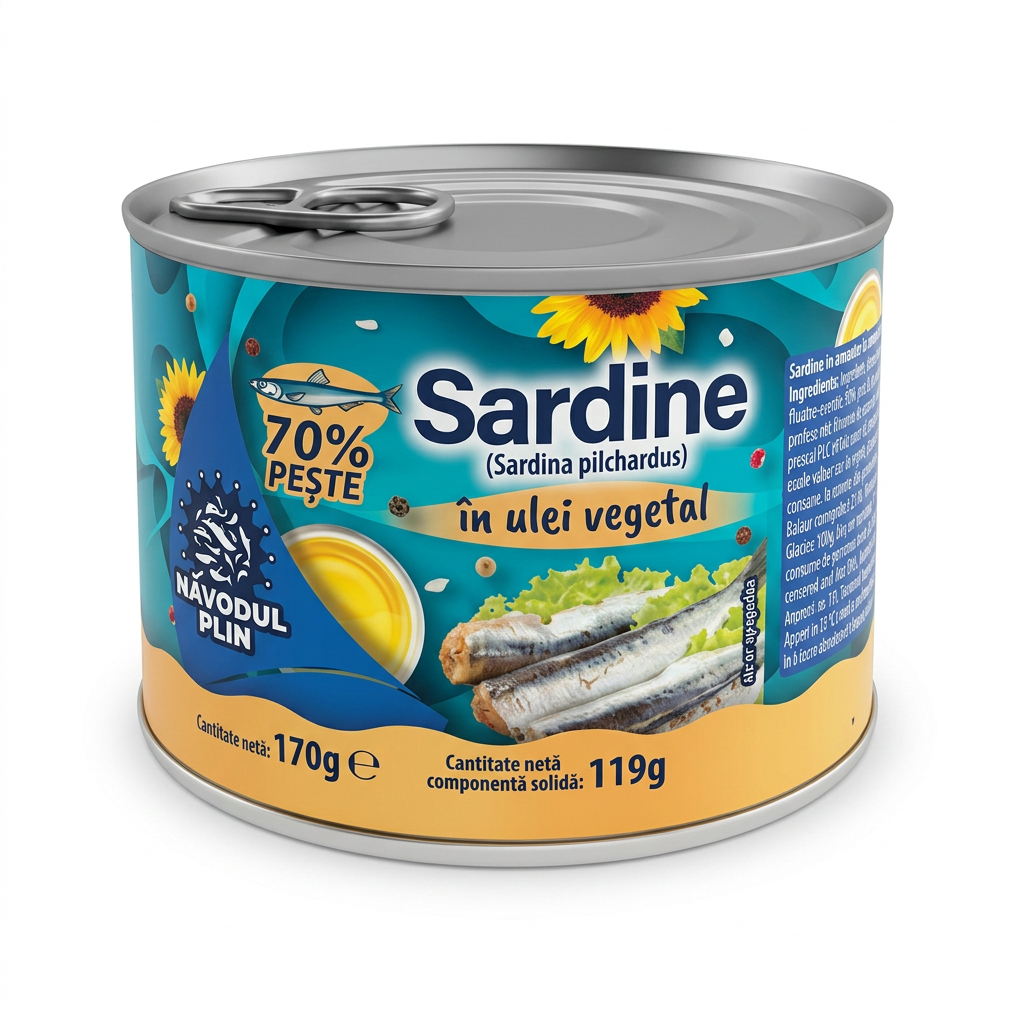 Sardine in miscela di salamoia e olio di semi di girasole "Sardine in ulei vegetal" NAVODUL PLIN 170 g